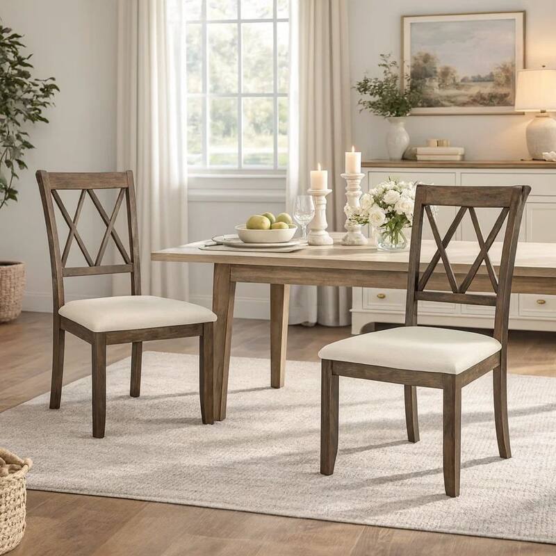 Wooden Side Chair with Double X-Style Back, Set of 2, Beige and Brown