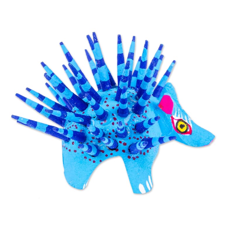 Novica Handmade Cute Porcupine In Sky Blue Wood Alebrije Figurine