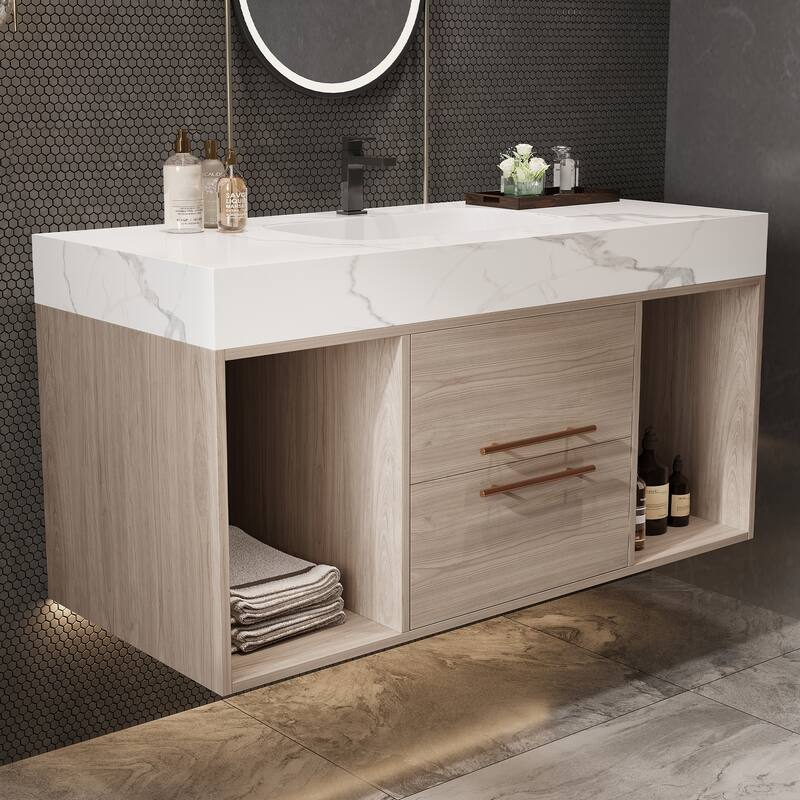 Modern Wall Mounted Bathroom Vanity Floating Storage Cabinet with Ceramic Sink, Faux Marble Countertop, Drawers and Open Shelves