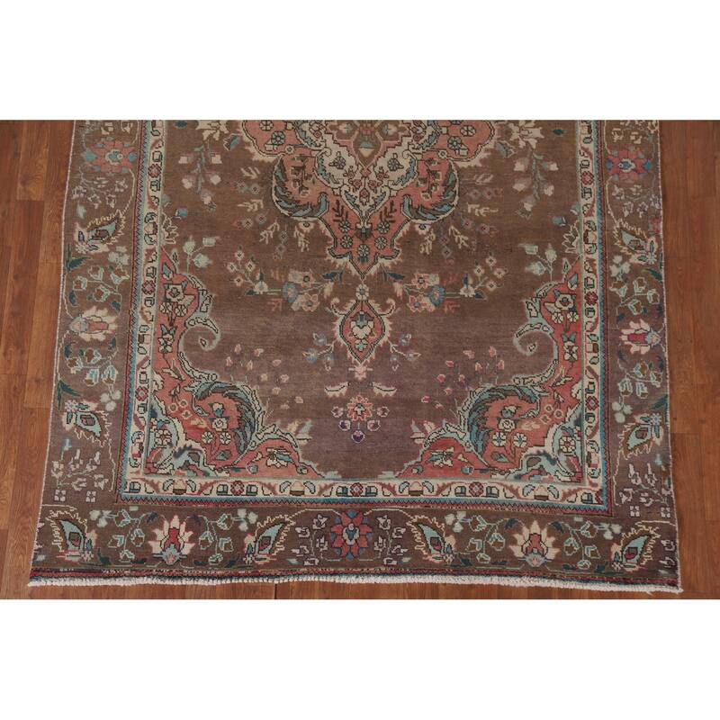 Hand Knotted Oriental 100% Wool Carpet Traditional Floral Brown Tabriz Area Rug - 9' 4'' X 5' 11''