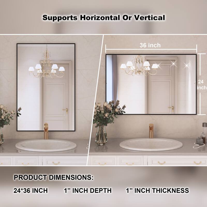 Aluminum Alloy Framed Wall Mounted Bathroom Vanity Accent Mirror in - 36" * 24" - Black