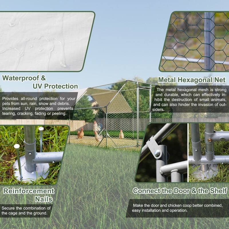 Large Walk-In Metal Chicken Coop – Flat-Shaped Poultry Cage Run with Waterproof Cover‌ - Silver
