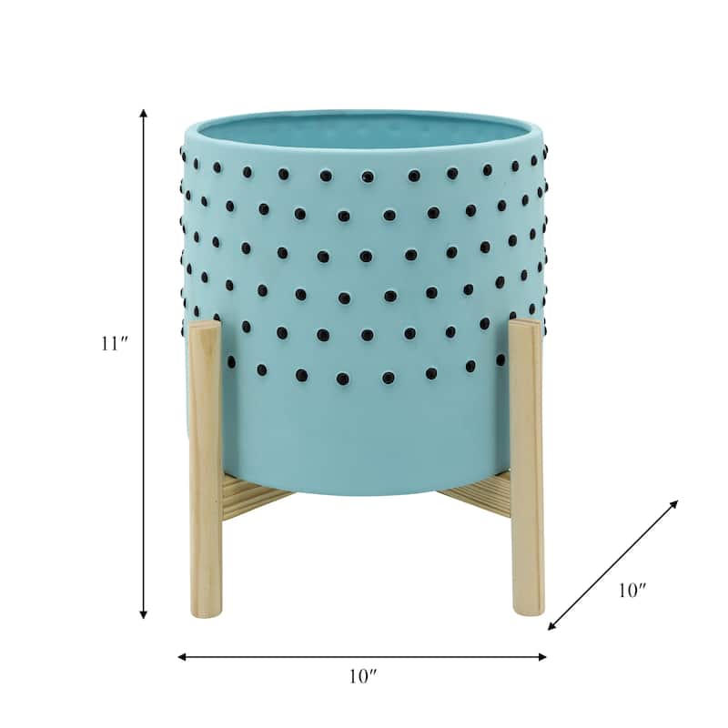Sagebrook Home Ceramic Planter on Wooden Stand Contemporary Coastal Blue and Black Dotted Design Indoor or Outdoor