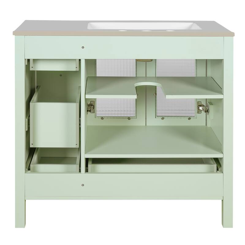 36" Bathroom Cabinet with Waffle Texture Doors,Bathroom Vanity with Four Drawers and Two Soft-Closing Doors with Glass Doors