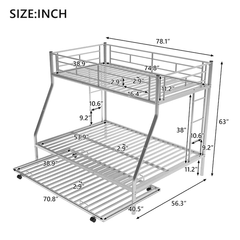 Twin/Full Steel Bunk Bed with Trundle and Ladders