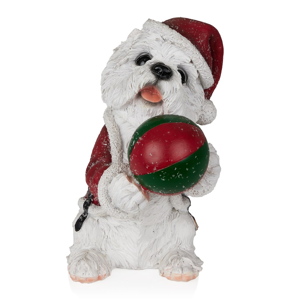 Christmas Santa White Dog Holding Ball Statuary - 11" H