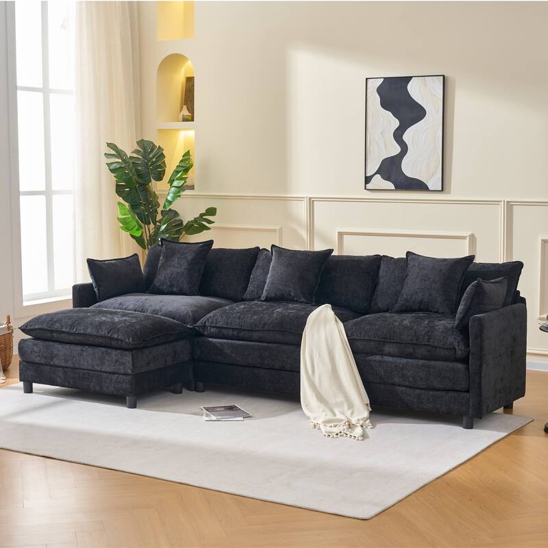L Shaped Modular Sectional Sofa with Movable Ottoman, Chenille Upholstered Cloud Couch, Deep Seat Sofa with Pillow