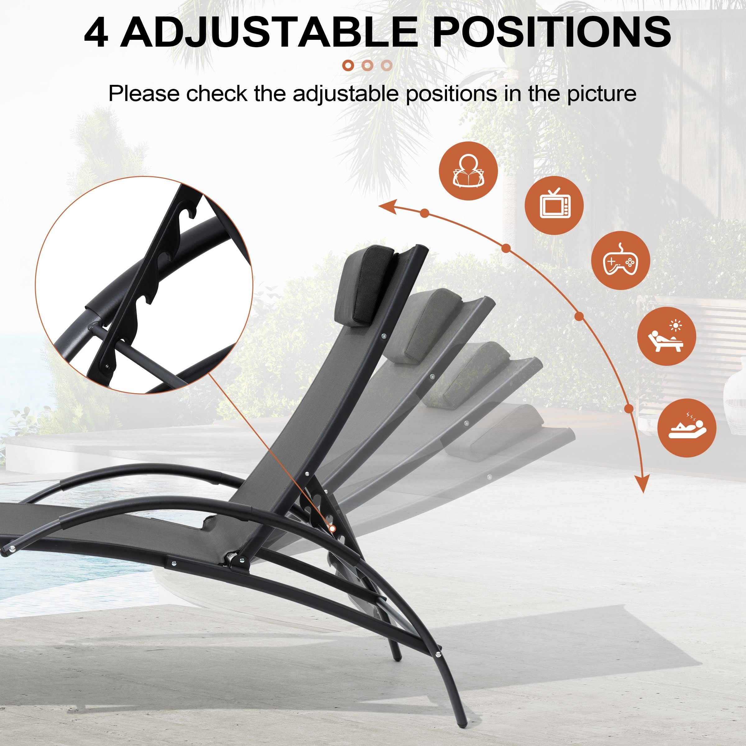 Adjustable Outdoor Reclining Chaise Lounge Chair with Arms-image