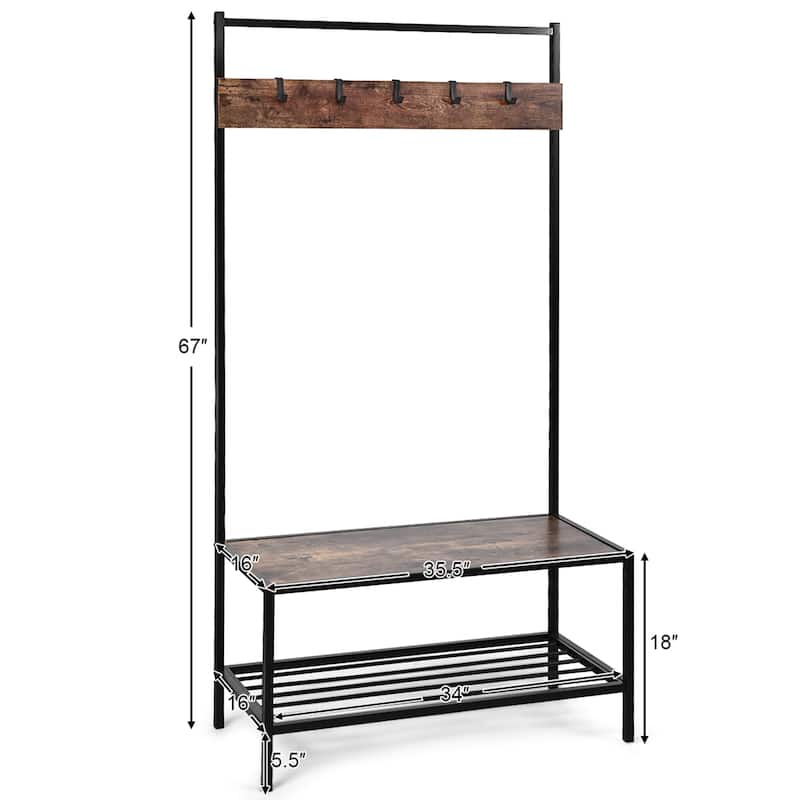 COSTWAY 3 in 1 Industrial Coat Rack Shoe Bench Entryway Hall Tree - 35.5'' x 16'' x 67'' (LxWxH)
