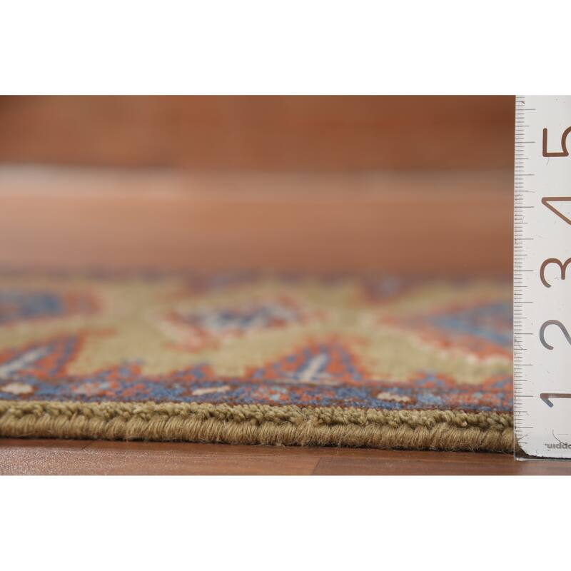 Green Geometric Viss Indian Runner Rug Hand-Knotted Wool Carpet - 2'6"x 9'7"