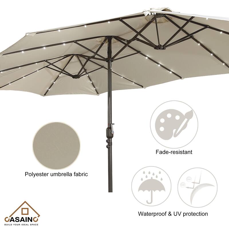 15-ft. Rectangular Crank Double-sided Outdoor Market Umbrella Solar LED Lighted Patio Umbrella with Base Included