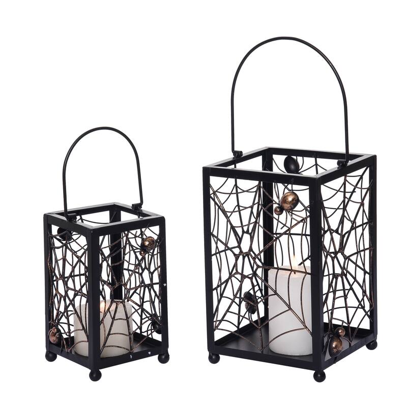 Transpac Metal 10.5 in. Gray Halloween Lantern with Spider Web Punch Detail Set of 2