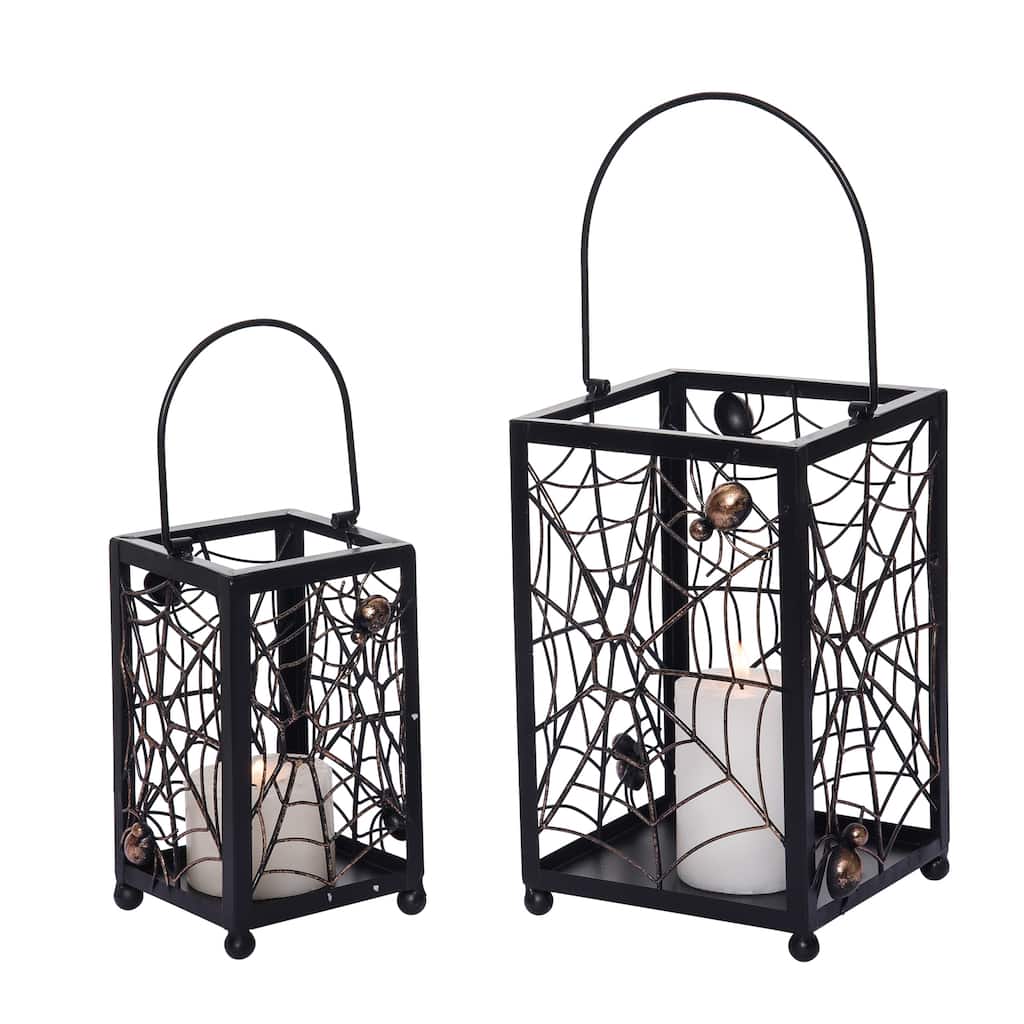 Transpac Metal 10.5 in. Gray Halloween Lantern with Spider Web Punch Detail Set of 2
