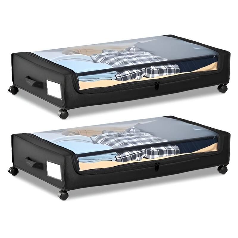 2 Pack Under Bed Storage Fabric Rolling Container with Casters and Clear Top Side Label Slots - 30.3 x 18.5 x 6.8 inch