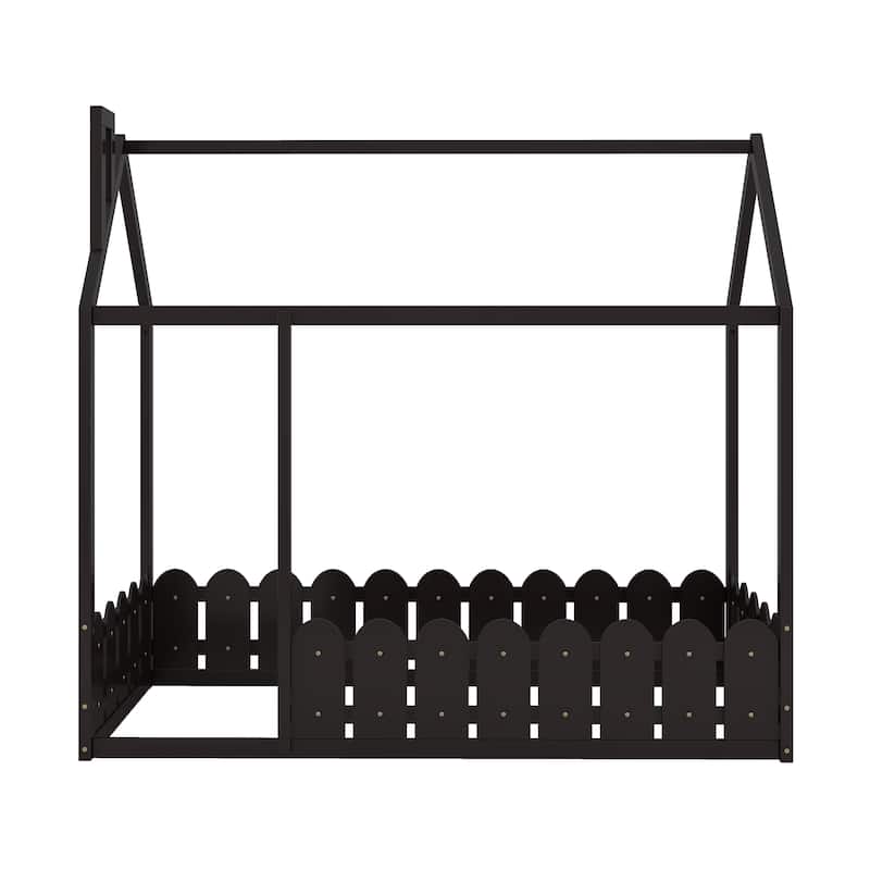 Twin Pine House Floor Bed with Fence, Door & Roof