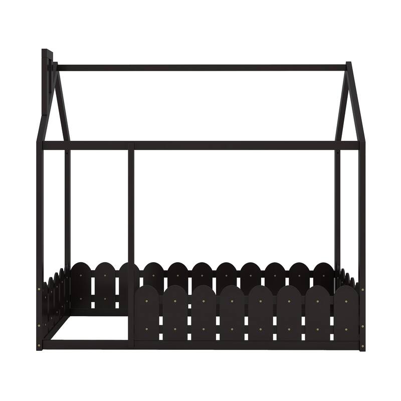 Wooden Twin House Bed with Pine Frame, Roof, and Fence, Perfect for Play and Sleep