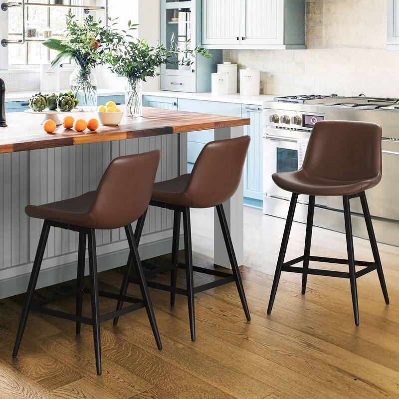 Modern Industrial Counter Stools Faux Leather Upholstered Counter Height Bar tools with Back