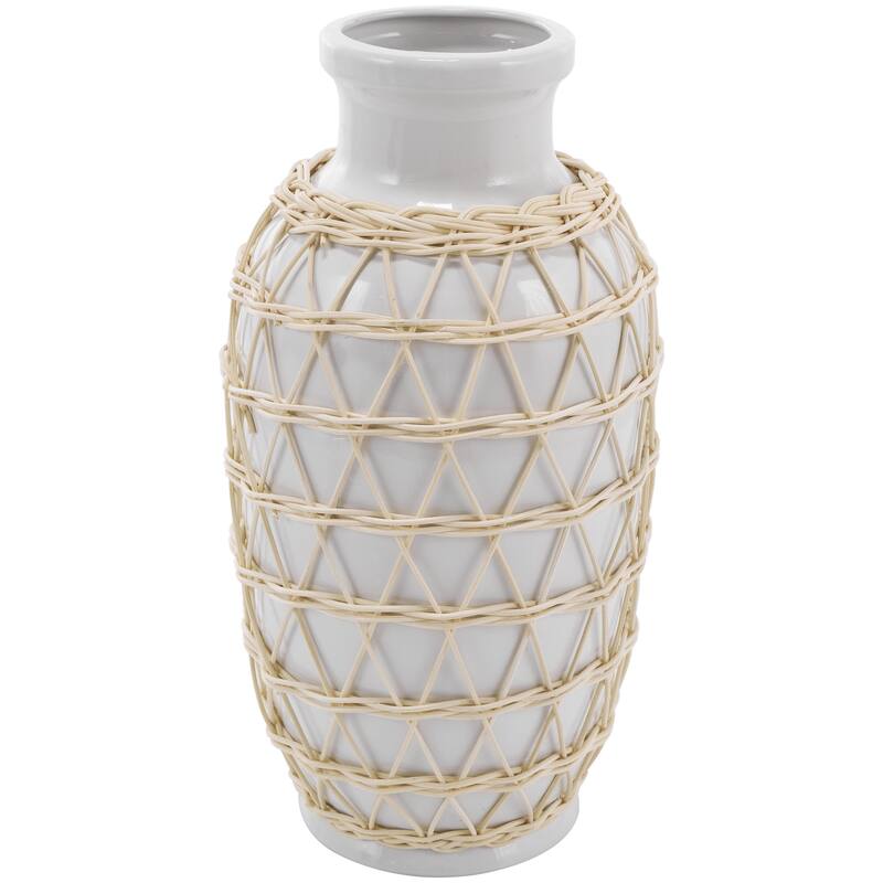 Ceramic Handmade Decorative Vase with Woven Rattan Exterior - White - Roche River Decor - White