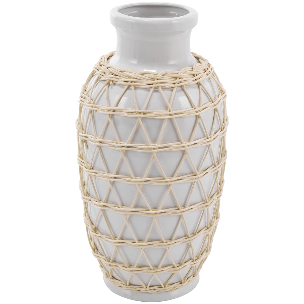 Ceramic Handmade Decorative Vase with Woven Rattan Exterior - White - Roche River Decor