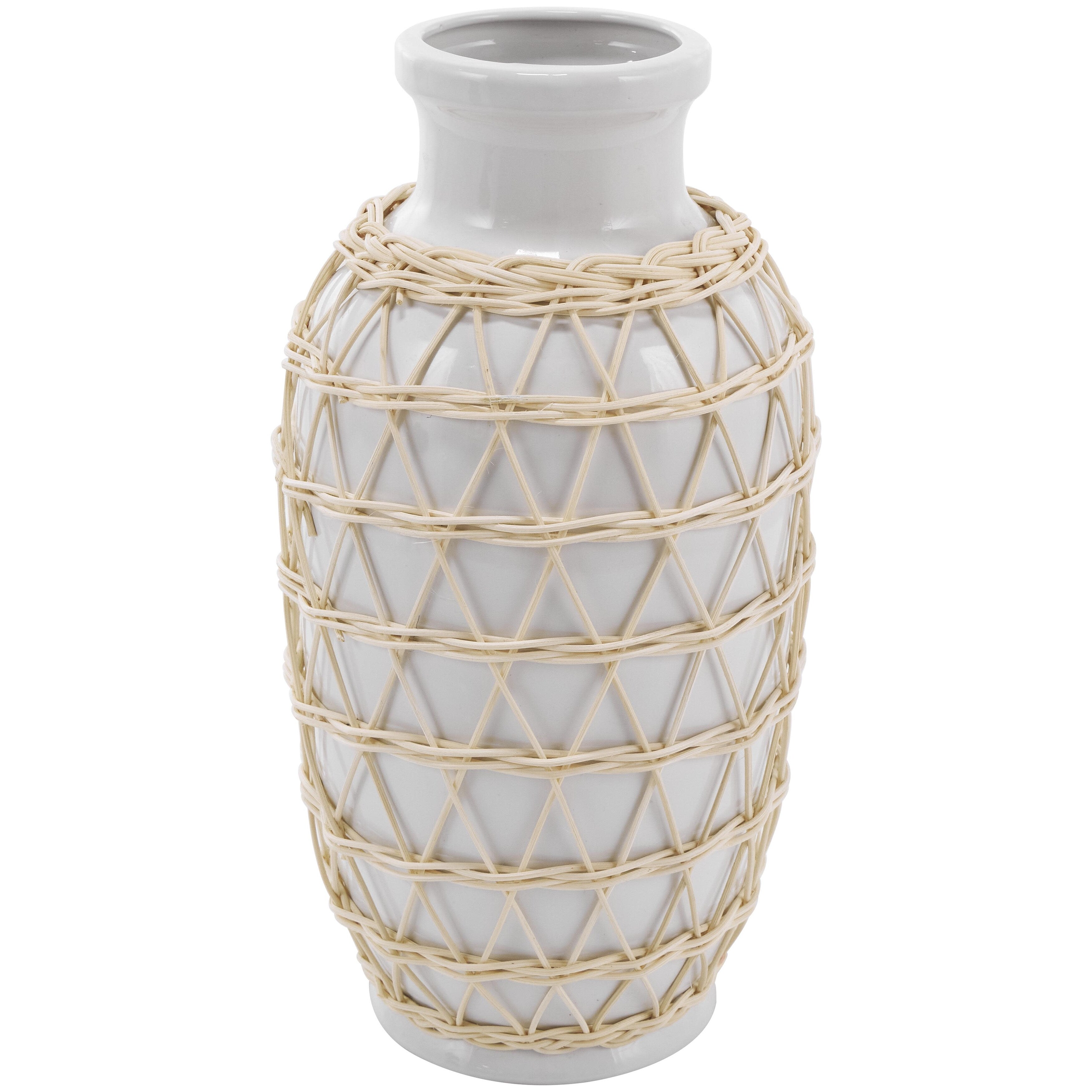 Ceramic Handmade Decorative Vase with Woven Rattan Exterior - White - Roche River Decor