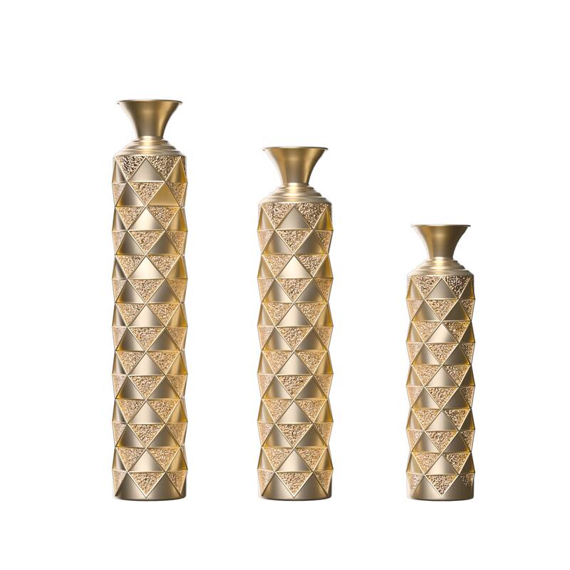 Metal decorative vase High Distress Metal center vase with 3D triangle pattern, set of 3 vases for home decoration