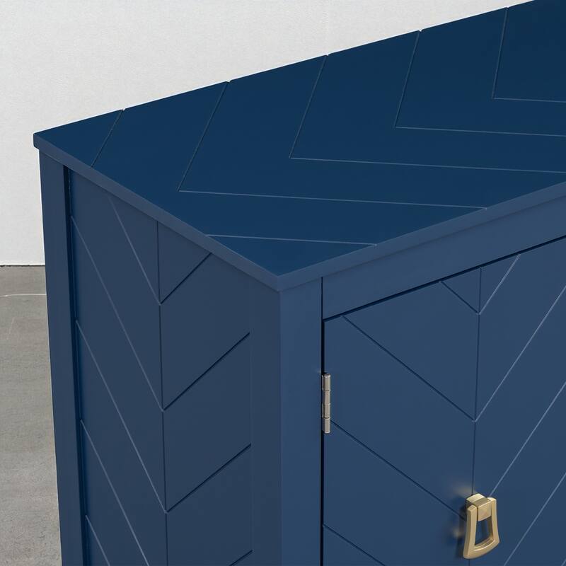 Four-Door Sideboard with Geometric Line Patterns and Vintage Metal Handles - 63" Storage Cabinet