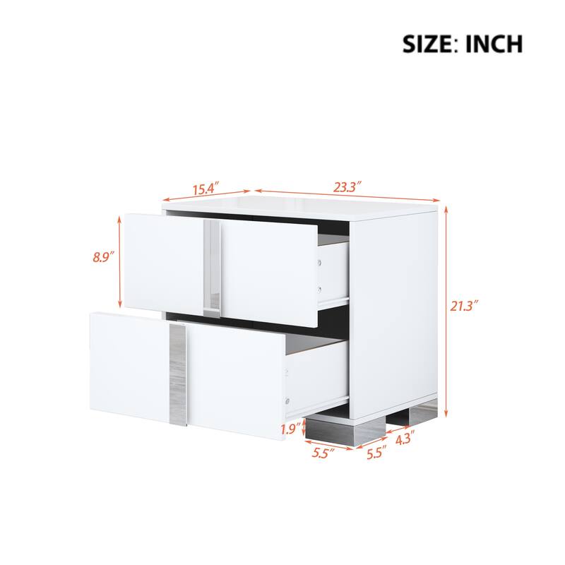 Nightstand for Bedroom, 2 Drawer Nightstand with Silver Mirrored Handle and Base, Wood End Table Sofa Side Table
