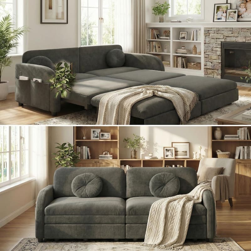 Homy Casa 3-in-1 Convertible Sleeper Sofa Bed, Pull-Out Couch w/ USB, Side Pocket & 4 Pillows, Chenille, 2/3/4-Seat - 4 Beige - 4 Beige