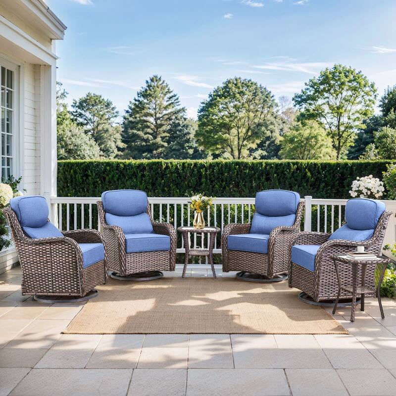 Pocassy Outdoor Glider Chairs Table with 5Inch 6Inch Cushion - Brown Wicker Blue Cushion - 6PCS Swivel Chair Table with 6 Inch Cushion