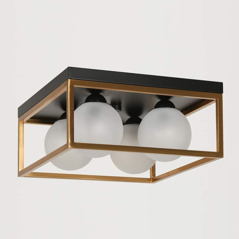 Modern Black Gold 4-Light Square Frosted Glass Flush Mount Ceiling Lights for Kitchen - 14" L x 14" W x 6.5" H
