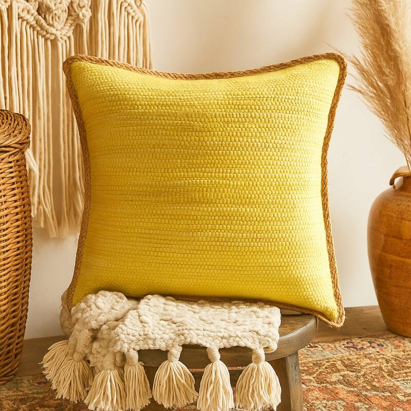 Handwoven Flanged Bordered Square Throw Pillow Cover - 20" - Yellow and Brown
