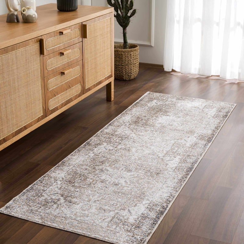 Hauteloom Manhattan Machine Washable Oriental Persian Medallion Vintage Distressed Area Rug - 2'7" x 7'3" - Blue, Brown, Tan, Off White, Cream