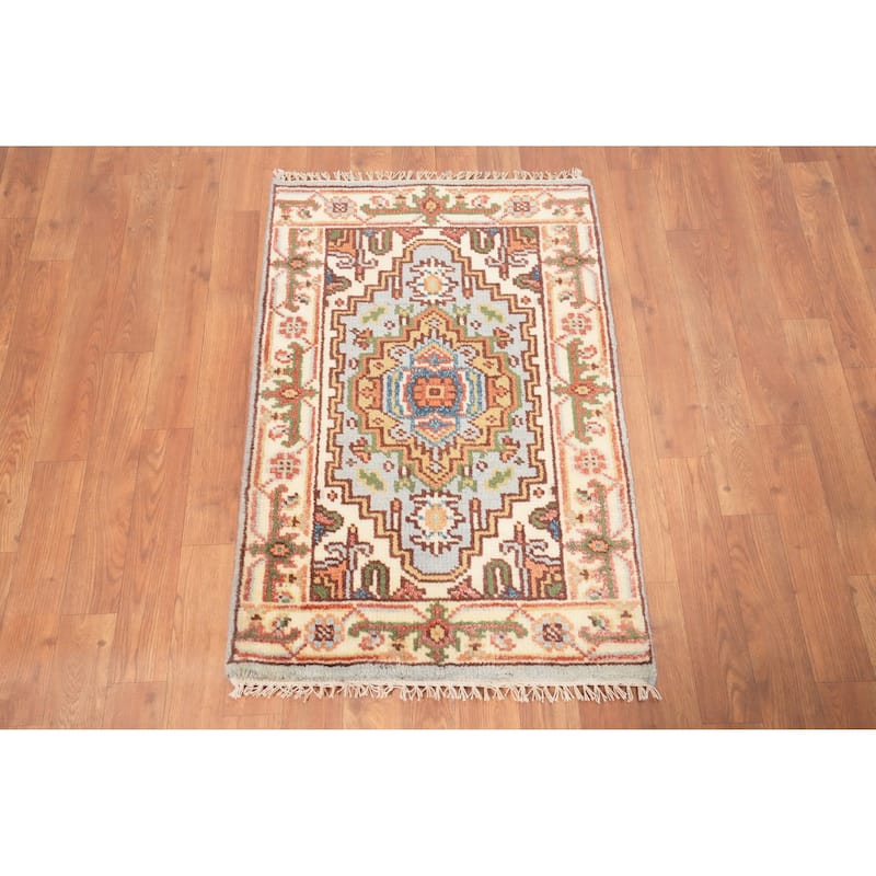 Hand Knotted Oriental 100% Wool Carpet Traditional Medallion Navy Blue & Blues Heriz (serapi) Area Rug - 3' 0'' X 2' 0''