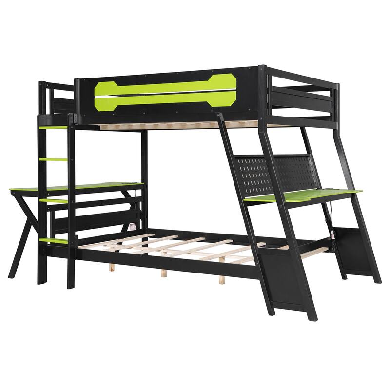 Gaming Bunk Bed Two Built-In Gaming Desks Each Side Loft Bed with USB Desktop Ports and Pegboard Organizer for Gaming Room Gamer
