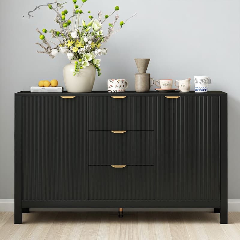 Wave Pattern Sideboard Cabinet with 3 Drawers, Soft-Close Doors & Adjustable Shelves, Entryway Storage Console - Black