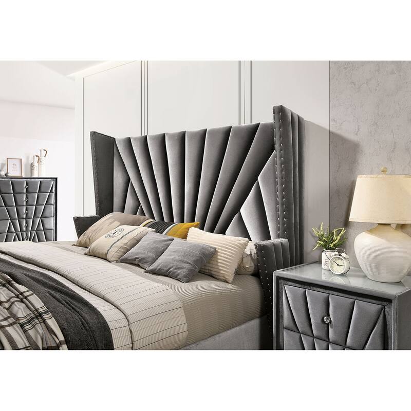 Fabric and Wood Bed in Gray Finish