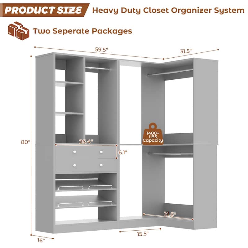 Set of 2/ 3 Coner Closet System with Shoe Racks and Drawers, Freestanding Closet Organizer with Hanging Rods and Shelves