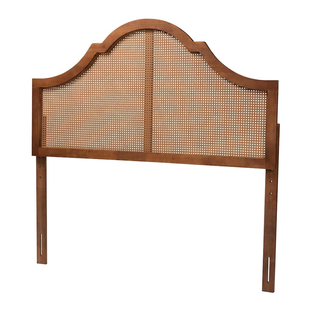 Queen Ash Walnut Finished Wood Headboard with Rattan Accent, Traditional Curved Design and Boho Charm