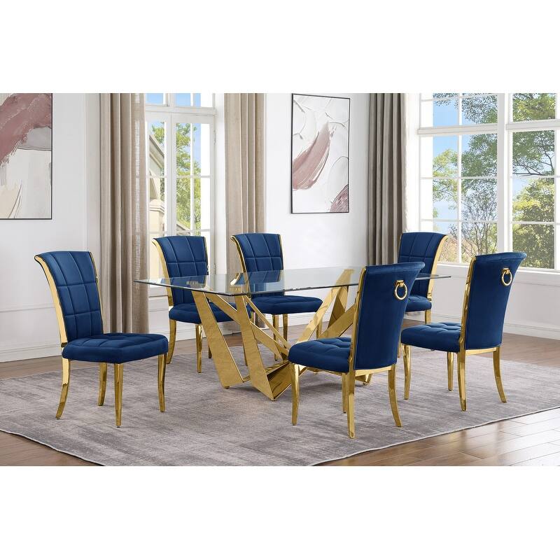 Best Quality Furniture D400/1-SC320-7 Dining Set with 78" 12mm Glass with Bevel - 7-Piece - Navy Blue / Gold