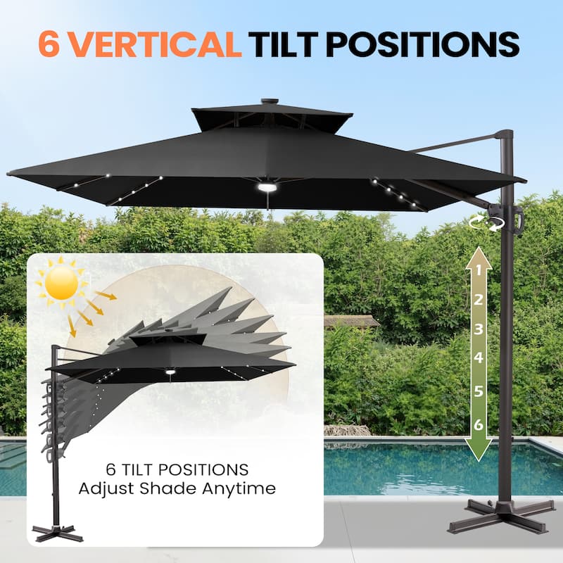 12 x 9 FT Outdoor Patio Aluminum Cantilever Umbrella with Solar Lights Double Canopy with Base