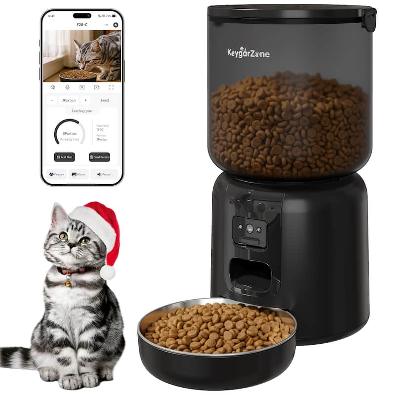Smart Automatic Pet Feeder with HD Camera, WiFi App Control, Dual Power Supply & Voice Recording for Cats and Small Dogs, Black