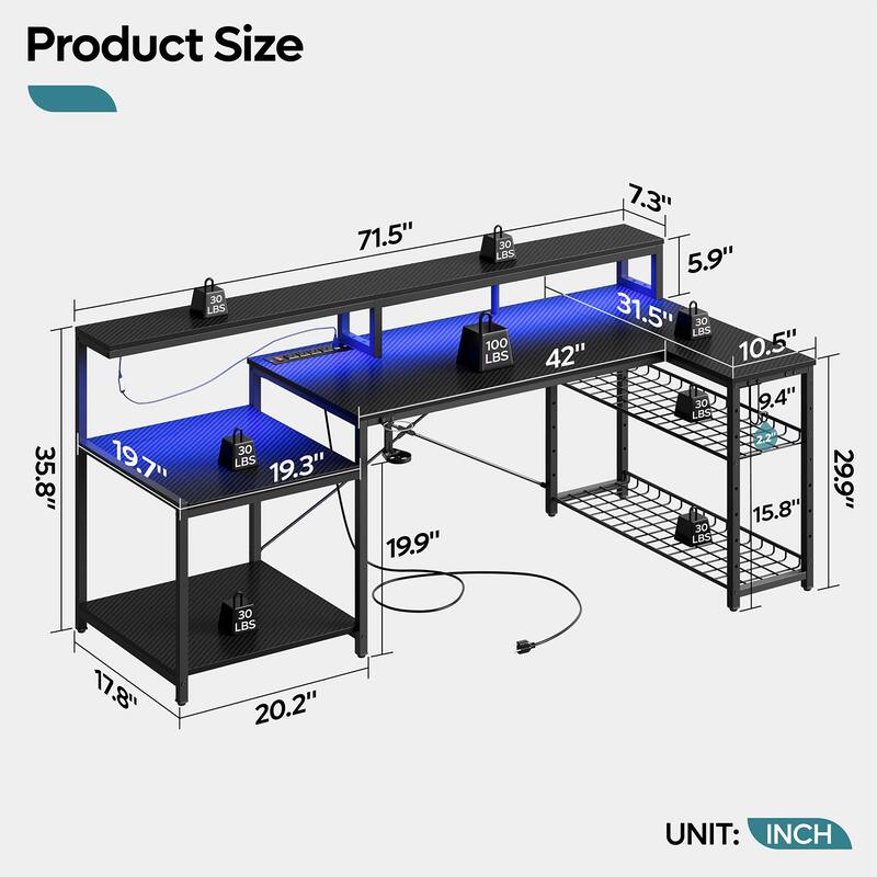 Bestier 71.5 L Shaped Computer Desk with LED, Corner Gaming Desk with Power Outlet