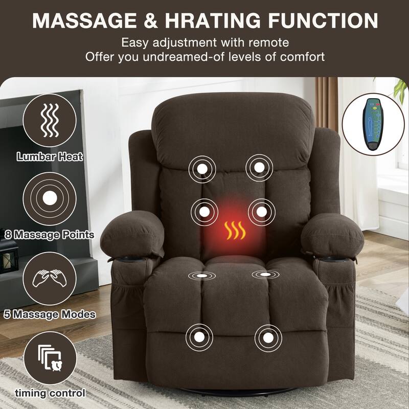 Swinging Recliner Massage Heated Sofa with USB, Cup Holders, Side Pockets, Eight Acupoint Massage