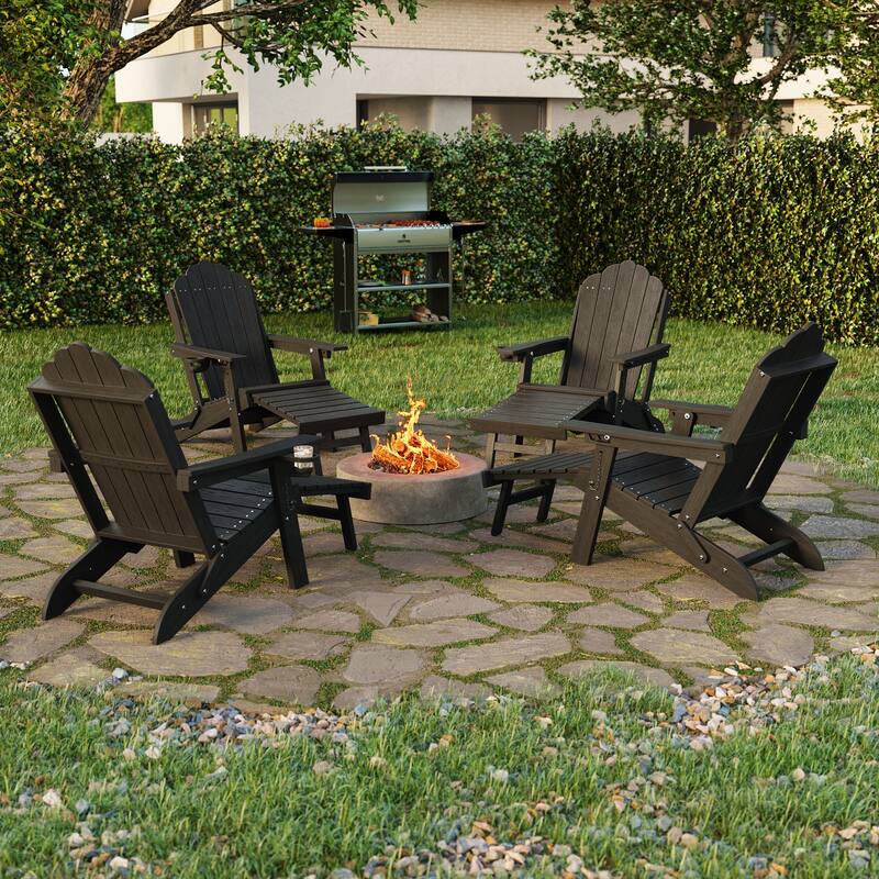 Folding HDPE Adirondack Chair with 3-Position Adjustable & Ottoman - Black - 4-Piece