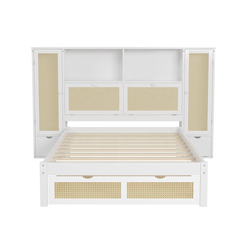 Multifunctional Platform Bed with Storage Lockers, Drawer, and Shelf on Headboard