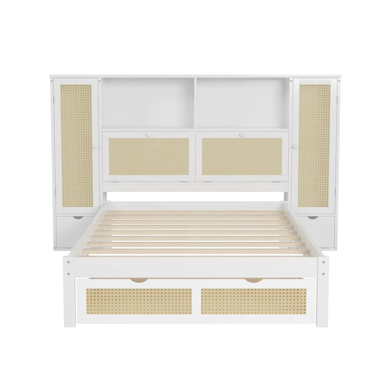 Twin Size Wooden Bed w/ 2 Storage Lockers, Drawer & Storage Shelf on Headboard, Multifunctional Platform Bed, Walnut