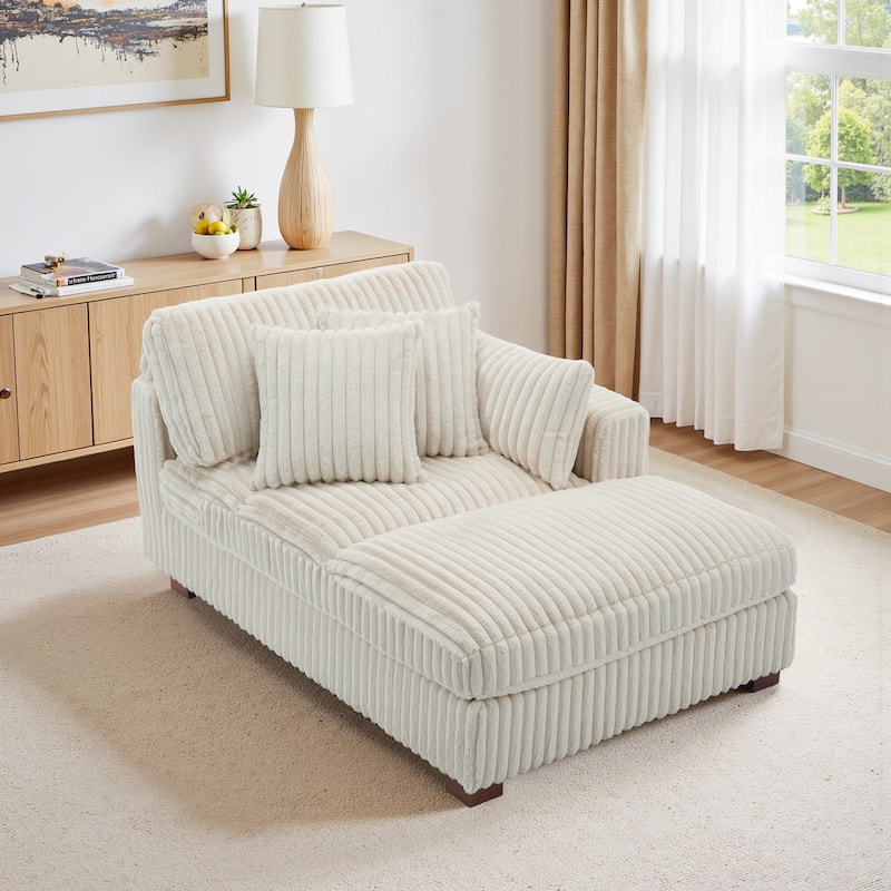 41" W Plush Corduroy Chaise Lounge with Pillows - Right Facing - White-Chaise&2 Pillows