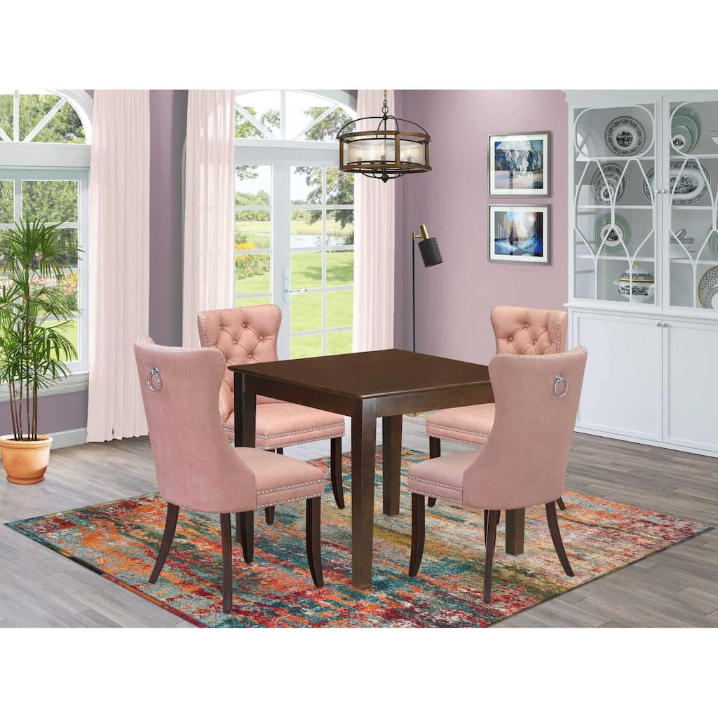 5-Piece Mahogany Finish Solid Wood Top - Square Upholstered Dining Room Set - Seats 4