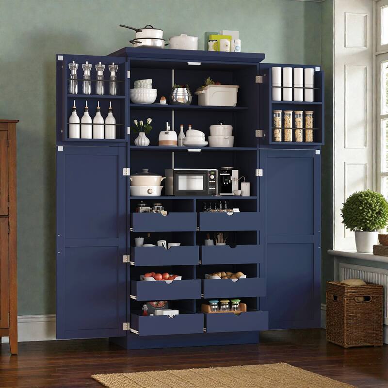35.5 Inch Freestanding Kitchen Pantry Cabinet with 4 Doors, 8 Pull-Out Trays, Adjustable Shelves, Tall Dining Storage Organizer