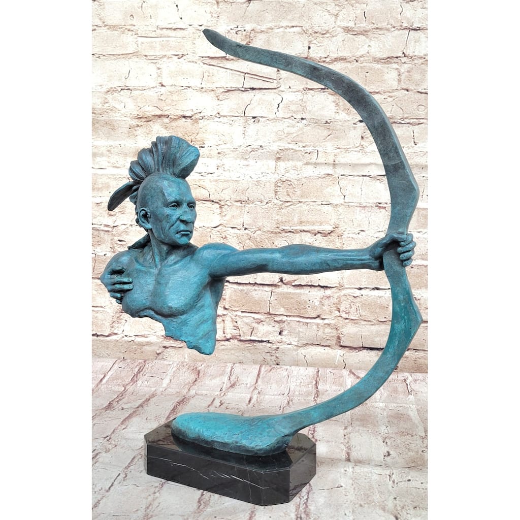 Native American Indian Mohawk Archer Pulling Bow Bronze Sculpture By Mario Nick